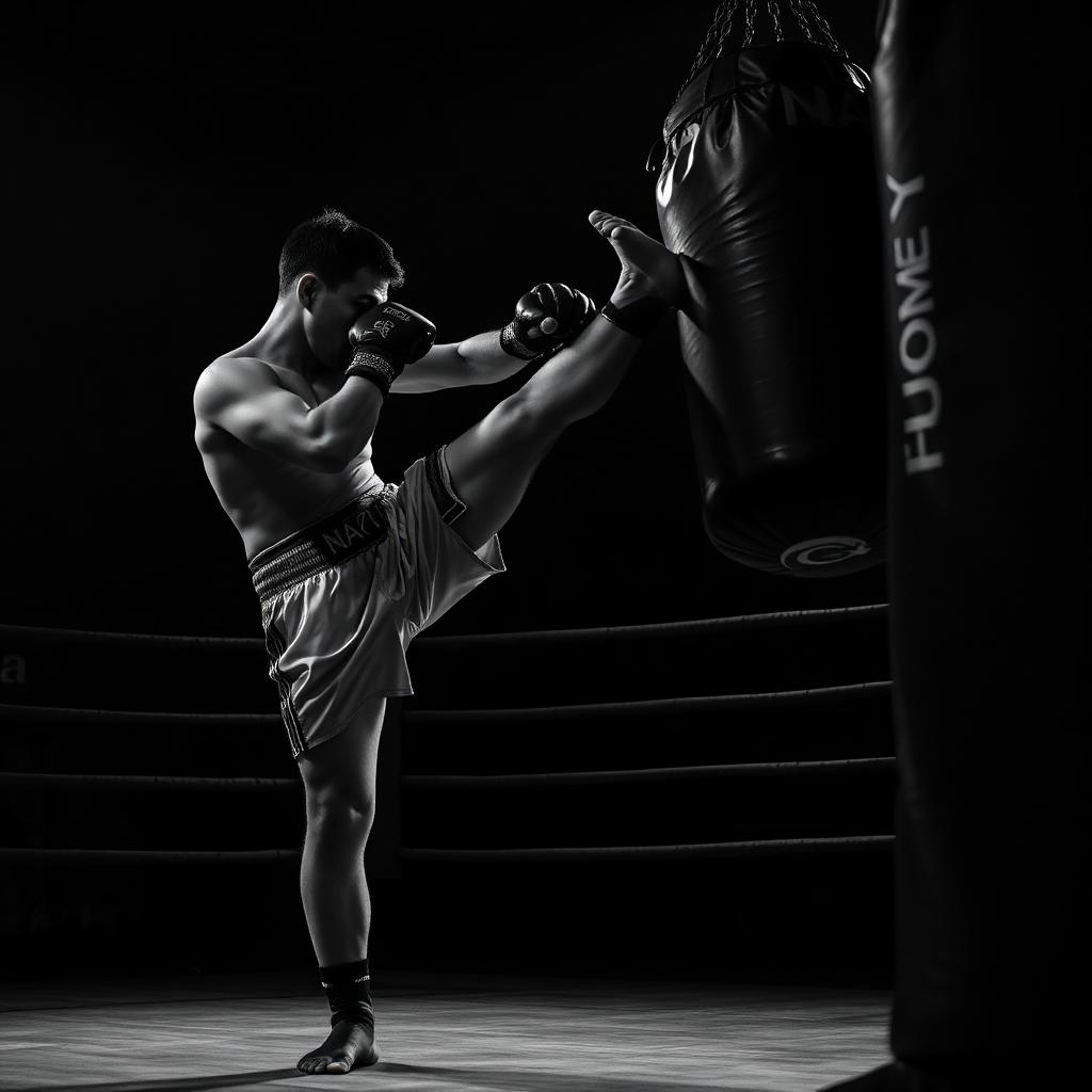 Muay-Thai-Fighter trainiert einen Low Kick am Sandsack